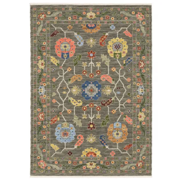 3' x 5' Oriental Power Loom Stain Resistant Area Rug With Fringe - Gray Blue Pink Orange Rust Red Green And Ivory