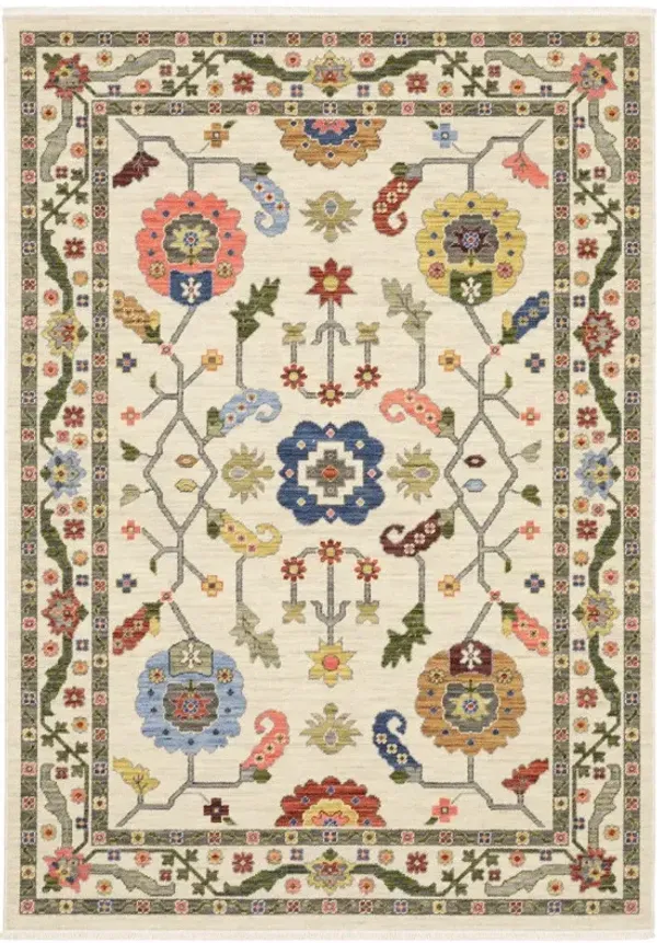 8' x 11' Oriental Power Loom Stain Resistant Area Rug With Fringe - Ivory Green Blues Pink Yellow Rust Brown Tan And Gray