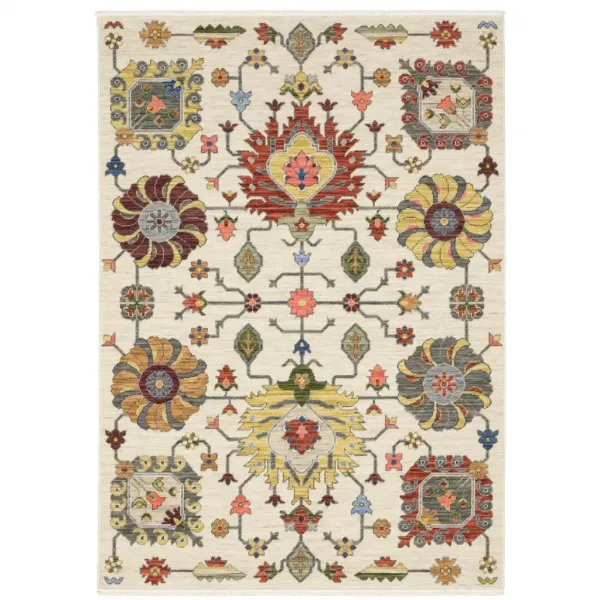 8' x 11' Oriental Power Loom Stain Resistant Area Rug With Fringe - Ivory Yellow Rust Green Gray Pink Orange Blue And Gray
