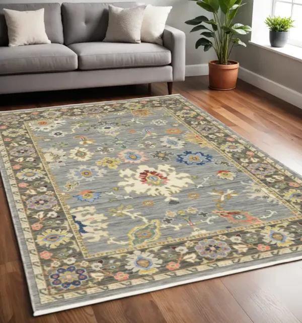 5' x 8' Oriental Power Loom Stain Resistant Area Rug With Fringe - Blue Gray Gold Green Pink Orange Ivory And Red