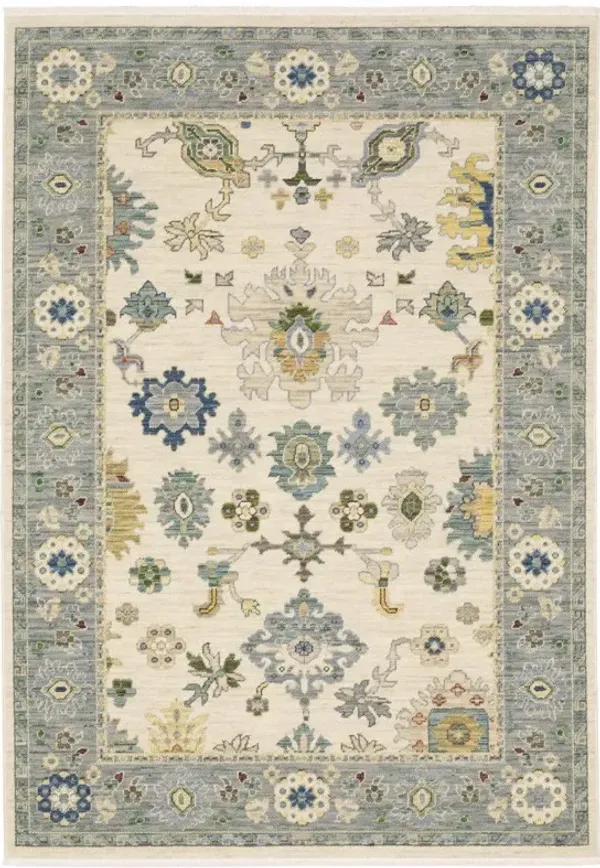 8' x 11' Oriental Power Loom Stain Resistant Area Rug With Fringe - Ivory Blue Gray Teal Gold Green And Rust