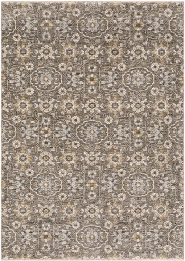 6' x 9' Floral Power Loom Stain Resistant Area Rug With Fringe - Gray And Tan