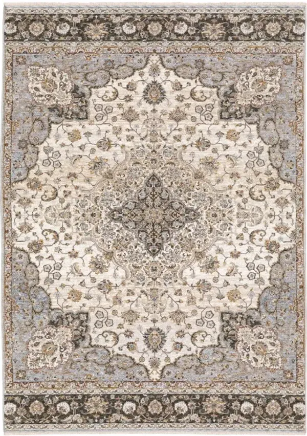 10' x 13' Oriental Power Loom Stain Resistant Area Rug With Fringe - Ivory And Blue