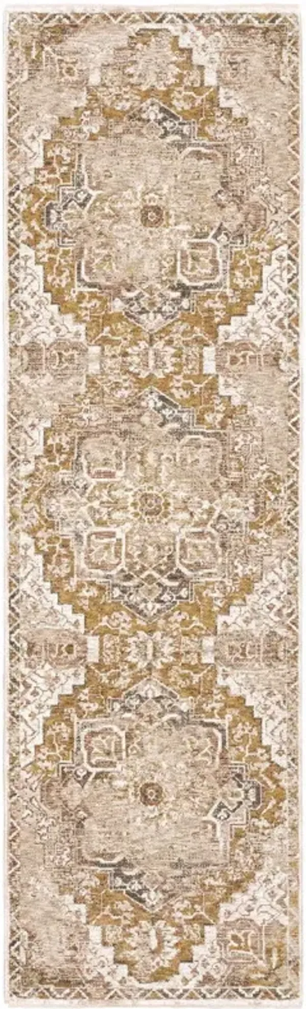 2' x 8' Oriental Power Loom Stain Resistant Runner Rug With Fringe - Gold And Ivory