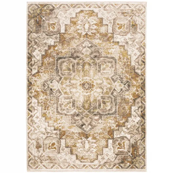 5' x 8' Oriental Power Loom Stain Resistant Area Rug With Fringe - Gold And Ivory
