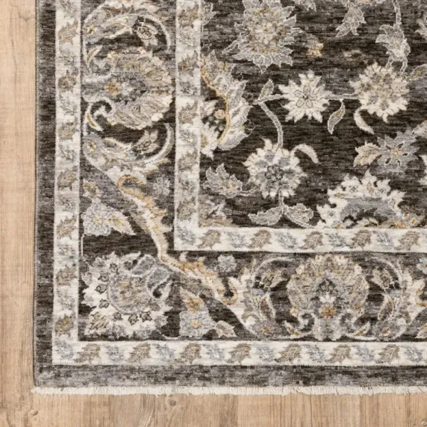 3.3' x 5' Oriental Power Loom Stain Resistant Area Rug With Fringe - Grey And Ivory