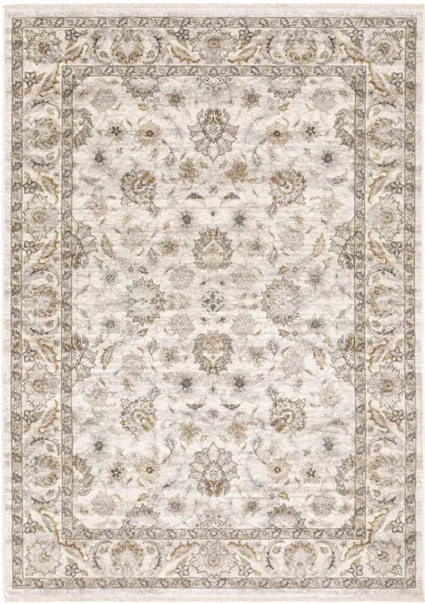 5.3' x 7.7' Oriental Power Loom Stain Resistant Area Rug With Fringe - Ivory And Grey