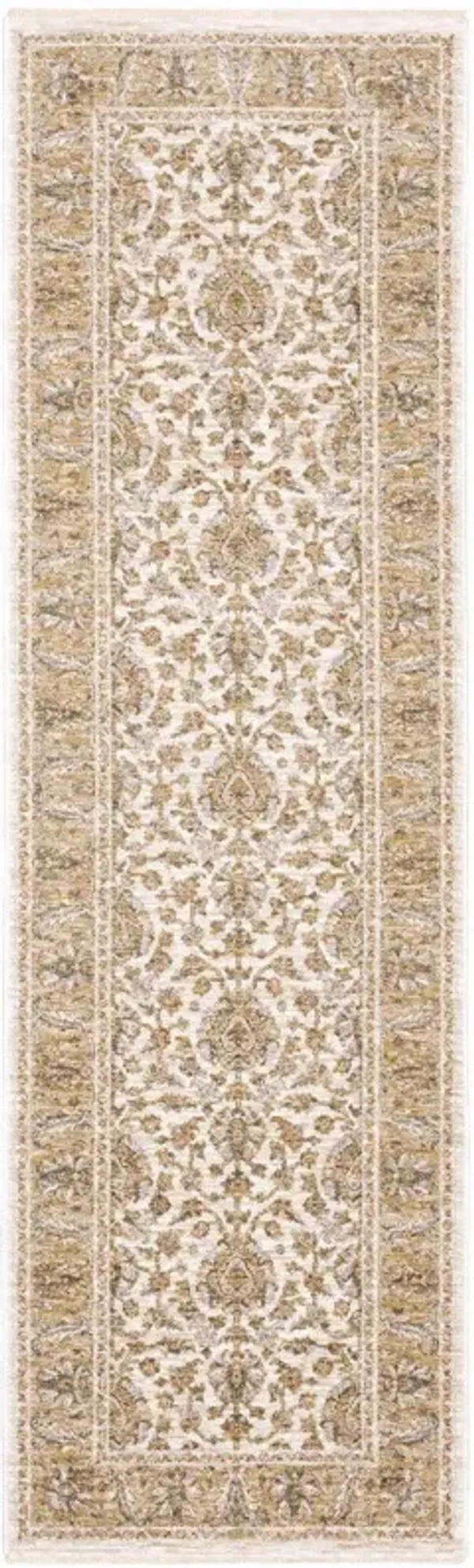 2.2' x 7.7' Oriental Power Loom Stain Resistant Runner Rug With Fringe - Ivory And Gold