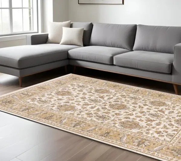 6' x 9' Oriental Power Loom Stain Resistant Area Rug With Fringe - Ivory And Gold