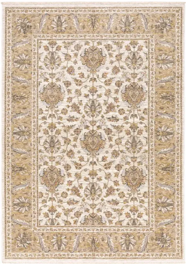 7.9' x 11.2' Oriental Power Loom Stain Resistant Area Rug With Fringe - Ivory And Gold