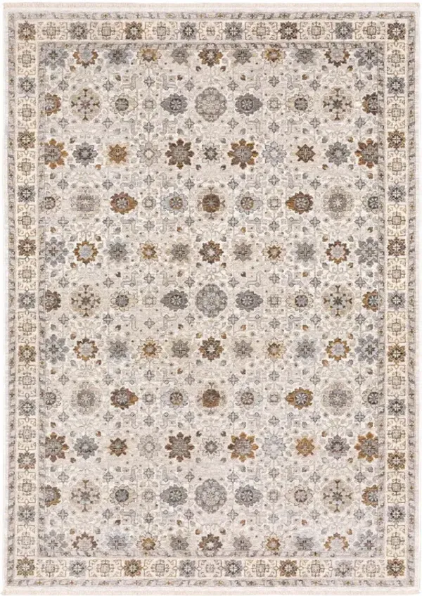 5' x 8' Oriental Power Loom Stain Resistant Area Rug With Fringe - Ivory And Gold