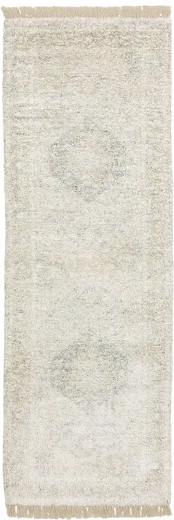 2' x 8' Oriental Hand Loomed Stain Resistant Runner Rug With Fringe - Beige And Gray