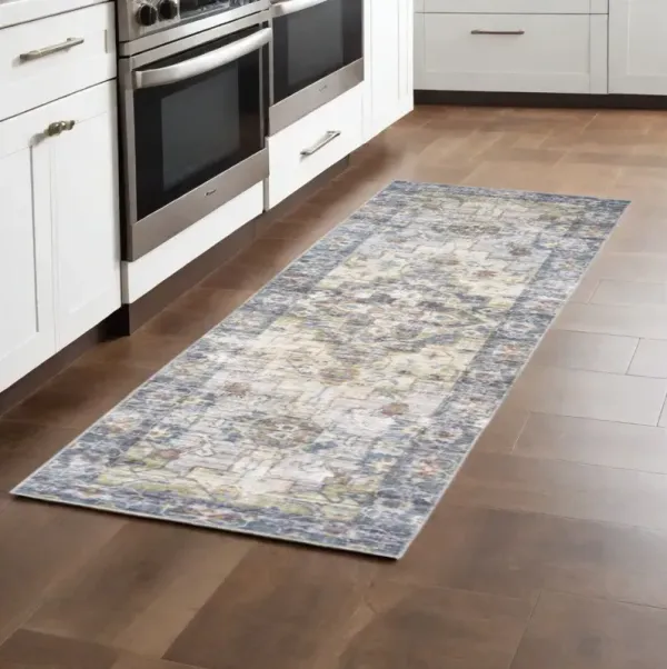 2' x 8' Oriental Power Loom Stain Resistant Runner Rug - Blue Gold Gray Orange Yellow And Purple