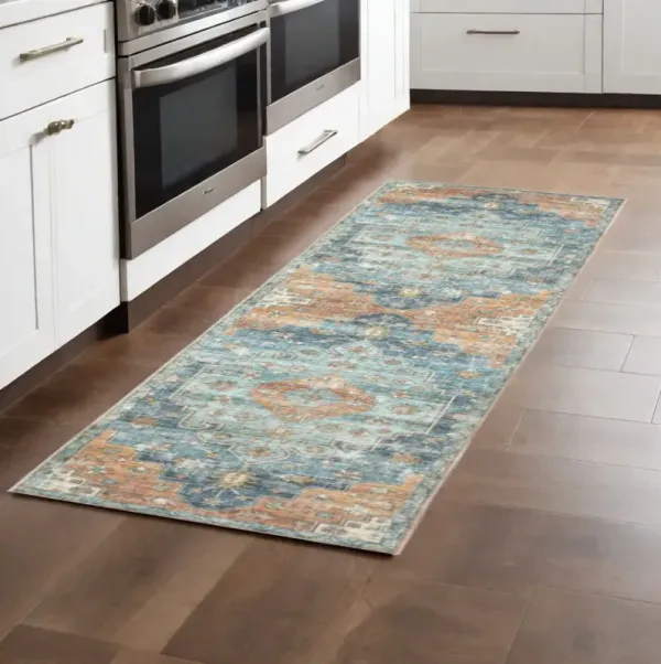 2' x 8' Oriental Power Loom Stain Resistant Runner Rug - Orange Blue Teal Green And Beige