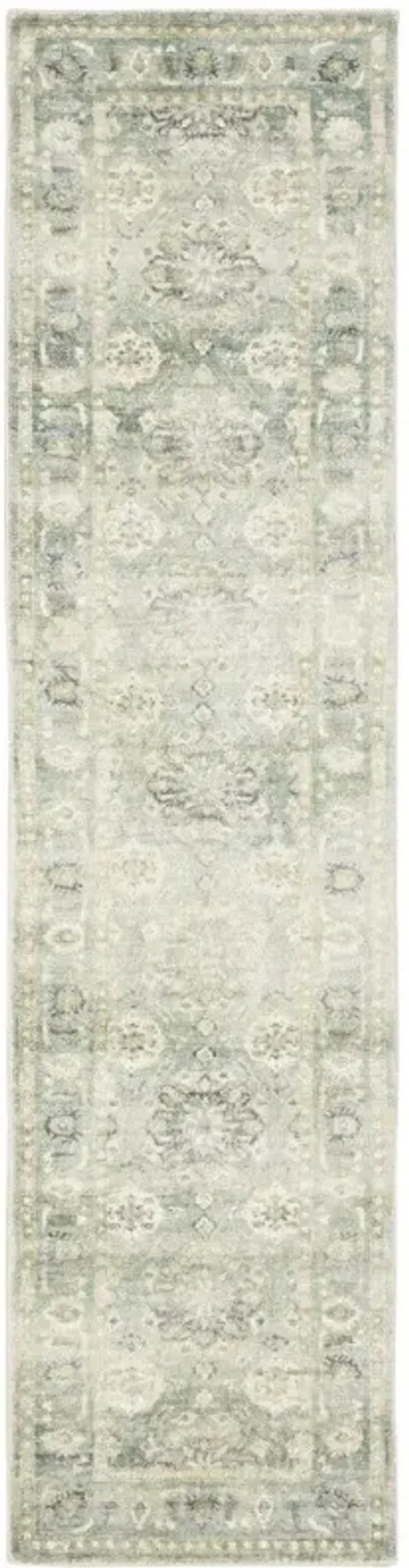 2' x 8' Oriental Power Loom Stain Resistant Runner Rug - Green And Ivory