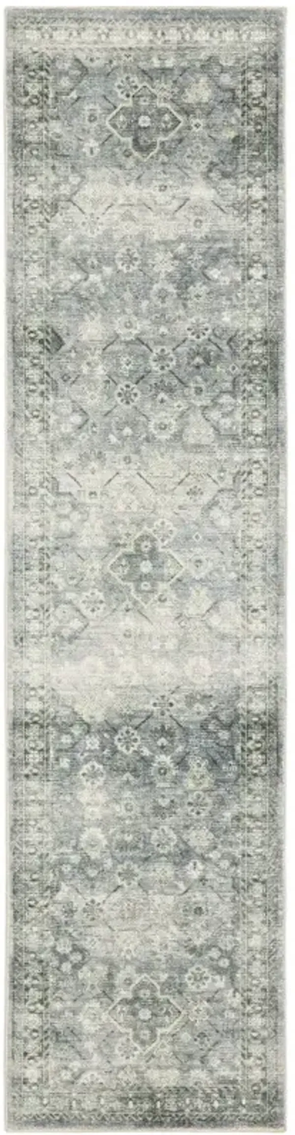 2' x 8' Oriental Power Loom Stain Resistant Runner Rug - Blue Ivory And Gray