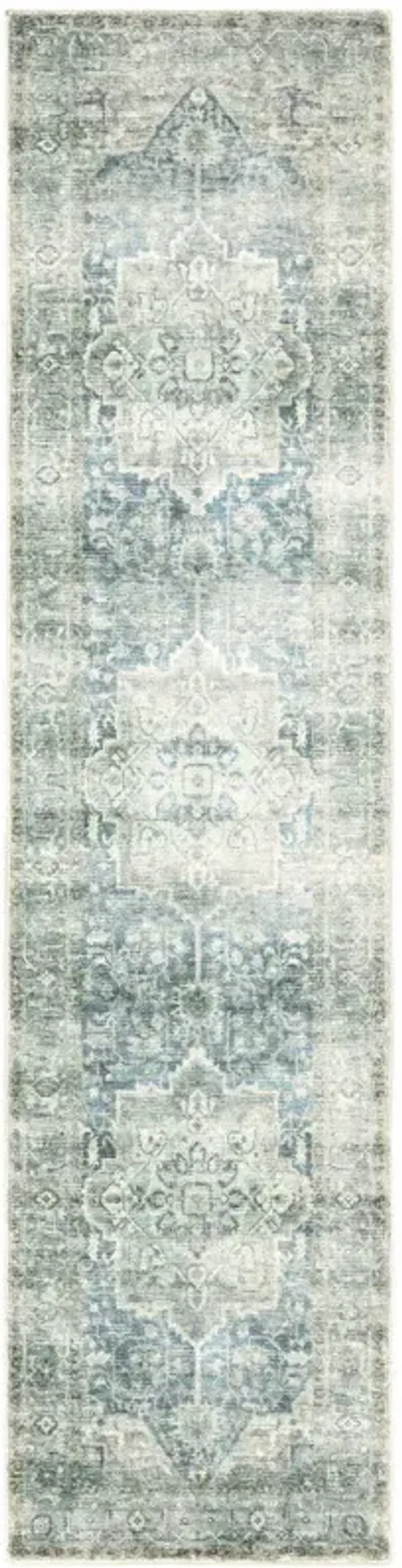 2' x 8' Oriental Power Loom Stain Resistant Runner Rug - Gray Blue And Ivory