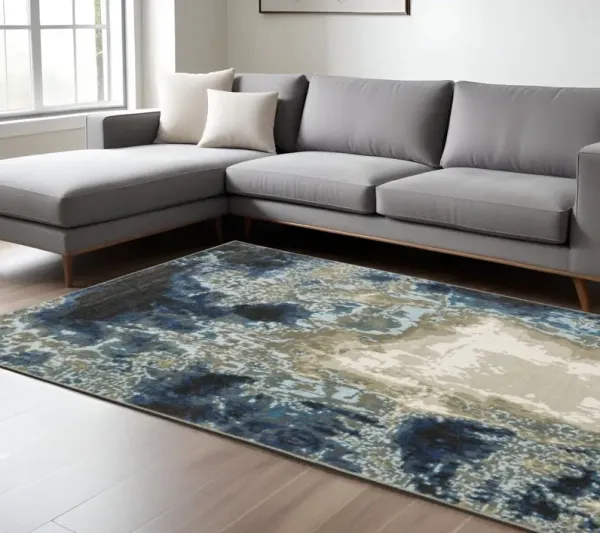 8' x 10' Abstract Power Loom Stain Resistant Area Rug - Blue Gray Charcoal And Beige