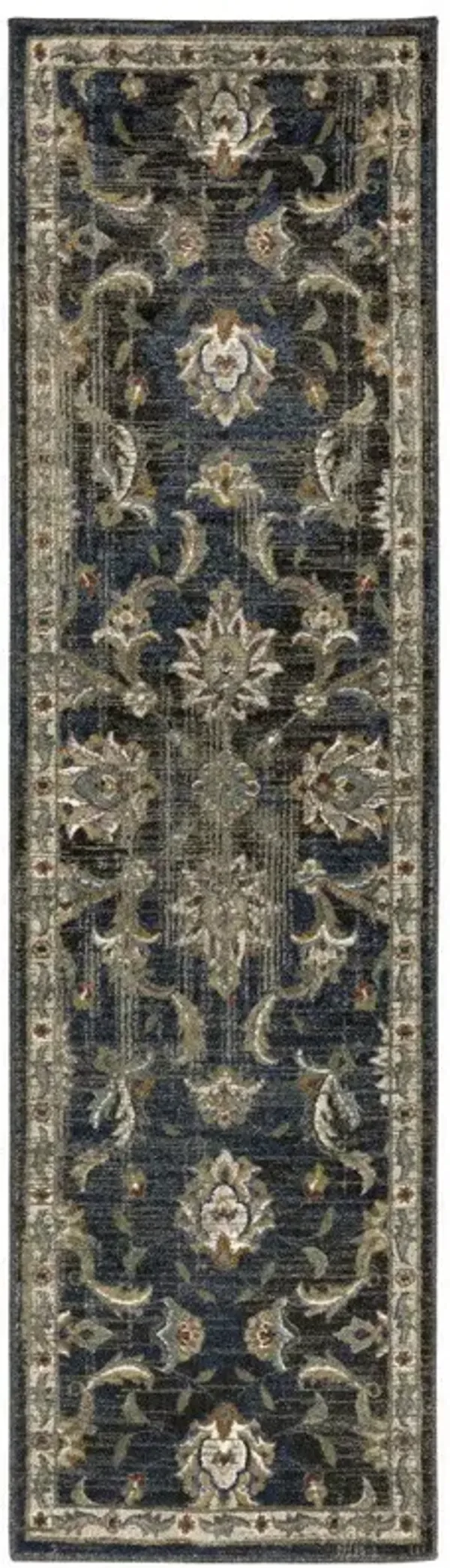 2' x 8' Oriental Power Loom Stain Resistant Runner Rug - Charcoal Blue Gold Rust And Beige