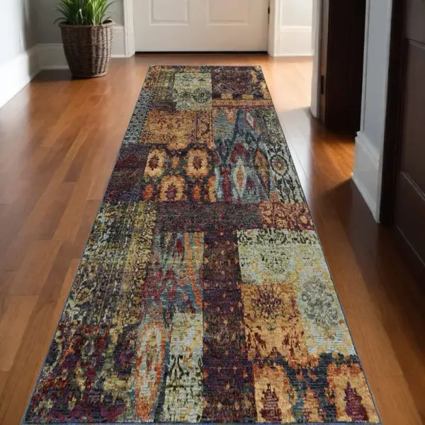 12' x 2.5' Runner Abstract Power Loom Runner Rug - Blue And Red