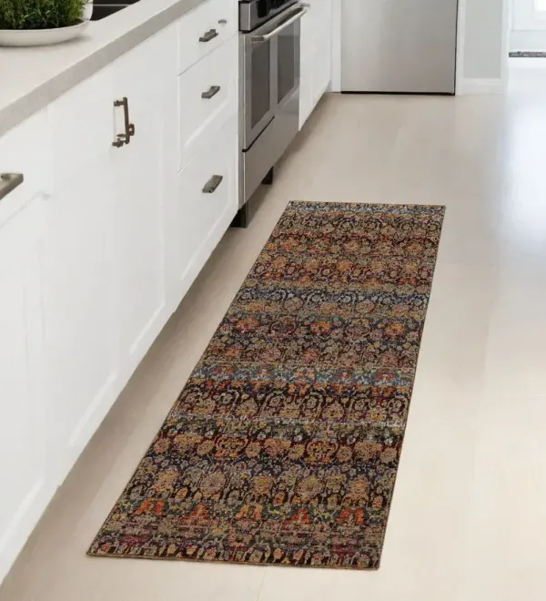 8' Runner Abstract Power Loom Runner Rug - Blue And Light Brown