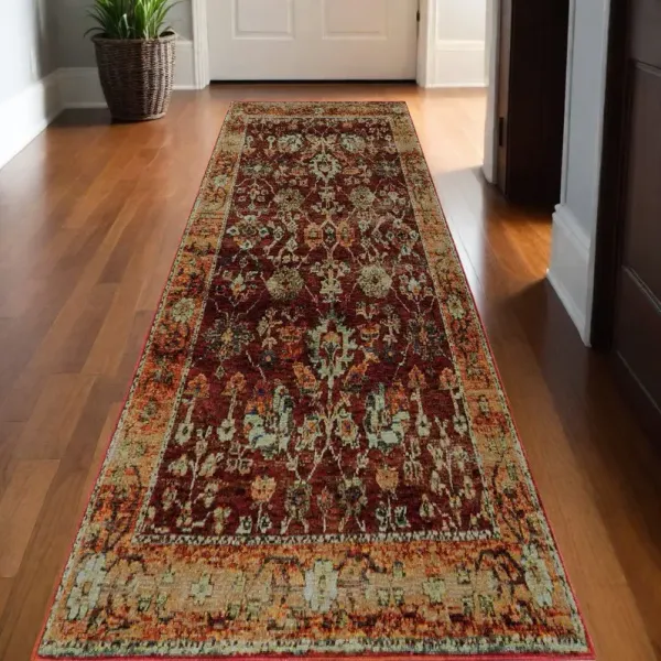 12' Runner Oriental Power Loom Runner Rug - Red Gold And Green