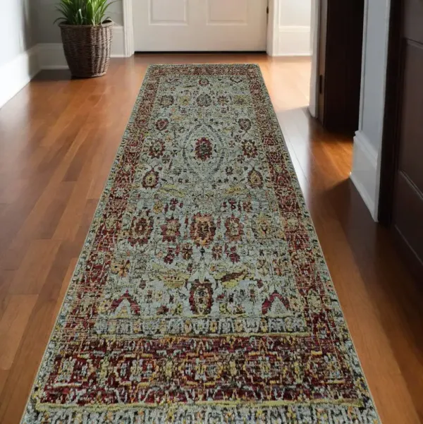 12' Runner Oriental Power Loom Runner Rug - Blue Red Green And Gold
