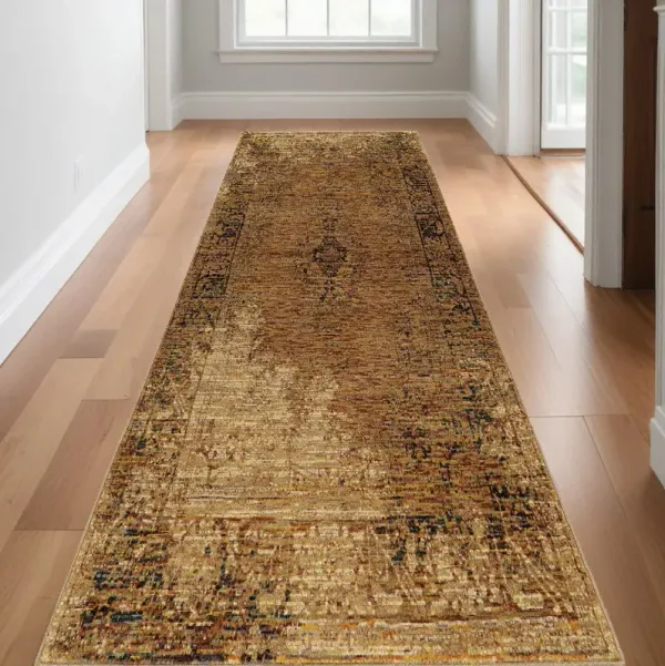 12' Runner Oriental Power Loom Runner Rug - Gold And Brown