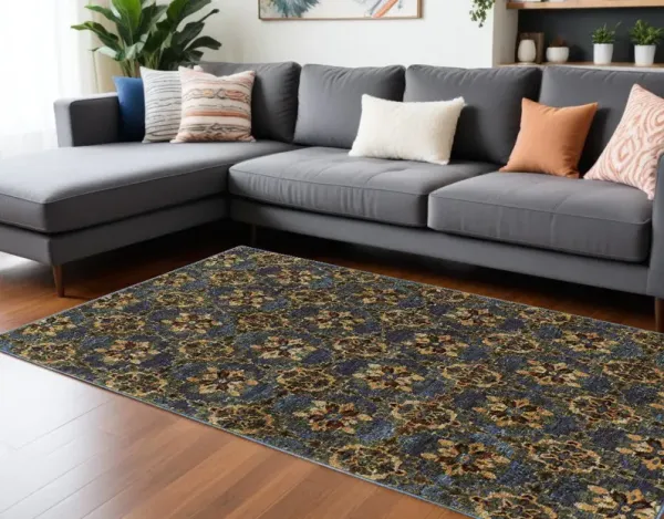 8' x 11' Oriental Power Loom Area Rug - Blue And Gold