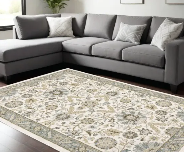 8.5' x 12.1' Oriental Power Loom Area Rug - Gray And Ivory