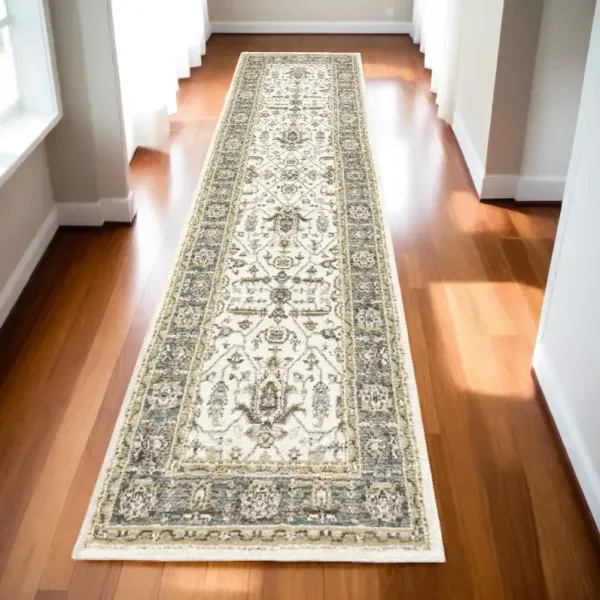 12' Runner Oriental Power Loom Runner Rug - Ivory Gray And Blue