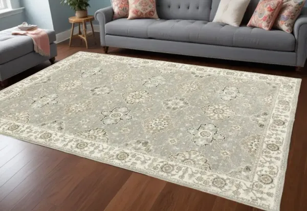 7.9' x 11.3' Oriental Power Loom Area Rug - Gray And Ivory