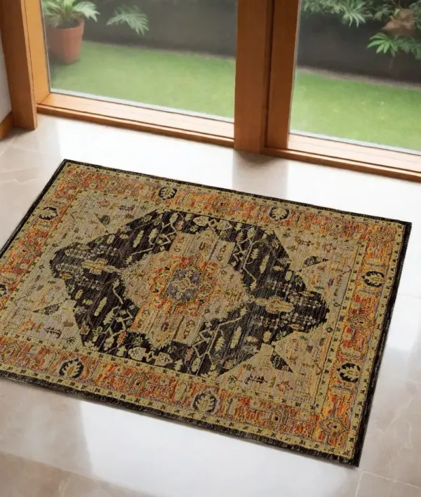 2' x 3' Oriental Power Loom Area Rug - Black And Gold