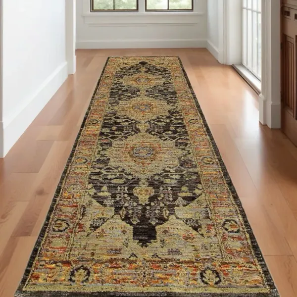 12' Runner Oriental Power Loom Runner Rug - Gold And Black