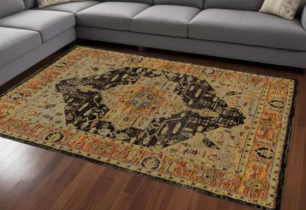7' x 10' Oriental Power Loom Area Rug - Black And Gold