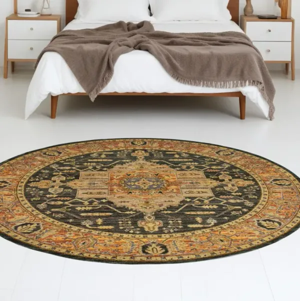 8' Round Oriental Power Loom Area Rug - Black And Gold