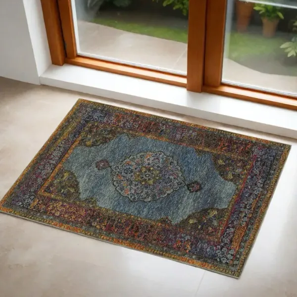 2' x 3' Oriental Power Loom Area Rug - Blue And Beige