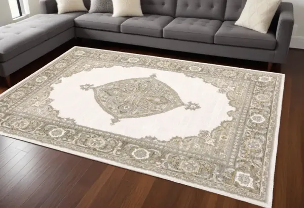 10' x 13' Oriental Power Loom Area Rug - Beige And Ivory