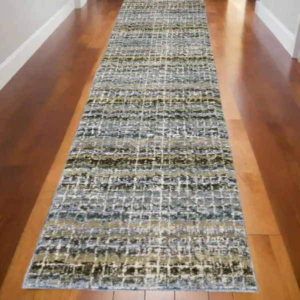 12' Runner Abstract Power Loom Runner Rug - Blue Green Teal And Gray