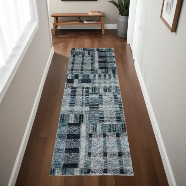 8' Geometric Power Loom Runner Rug - Runner Blue