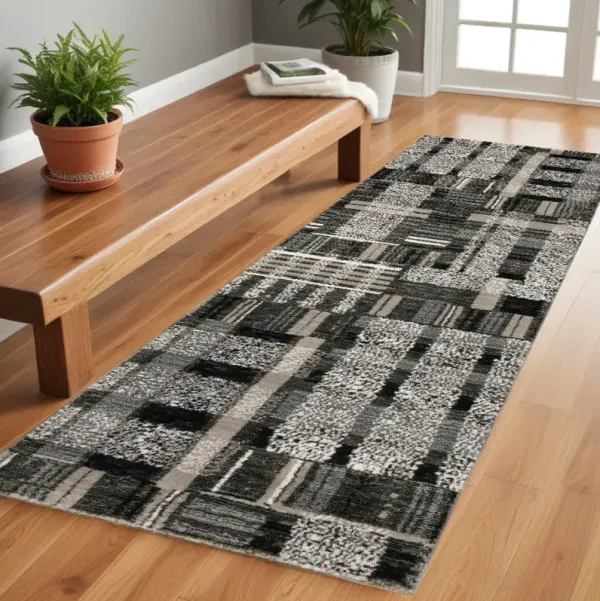 8' Runner Geometric Power Loom Runner Rug - Gray And Black