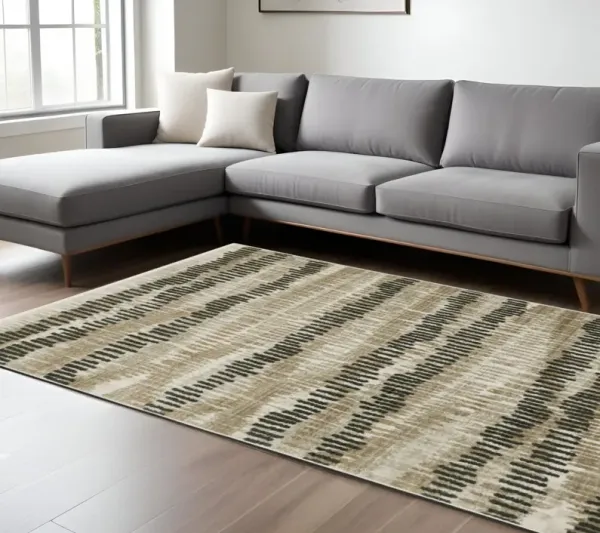 10' x 13' Abstract Power Loom Stain Resistant Area Rug With Fringe - Beige Ivory Charcoal Brown Tan And Gray