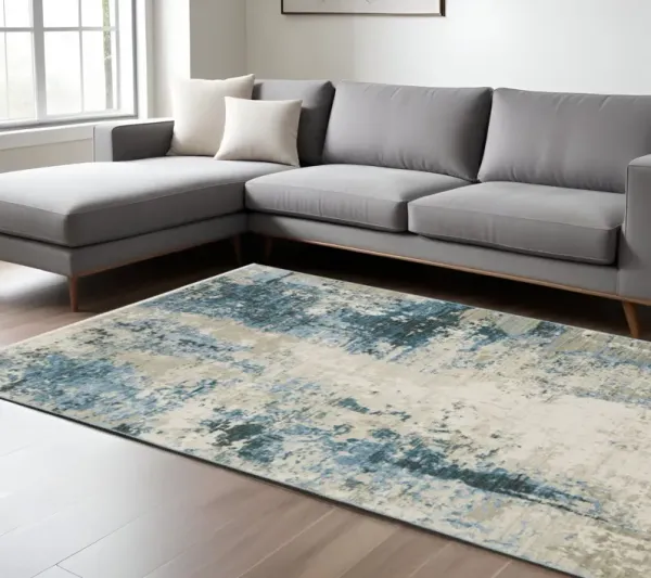 10' x 13' Abstract Power Loom Stain Resistant Area Rug With Fringe - Blue Gray Ivory Light Blue And Dark Blue