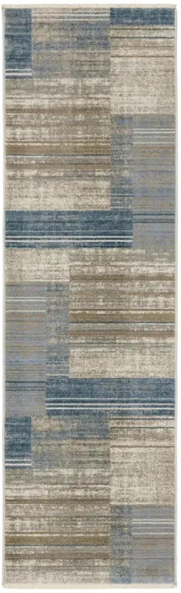 8' Geometric Power Loom Runner Rug - Beige Blue And Gray