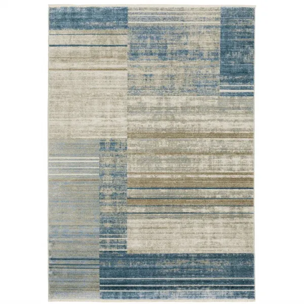 5' x 8' Geometric Power Loom Stain Resistant Area Rug With Fringe - Blue Dark Blue Teal Gray Ivory Beige And Tan