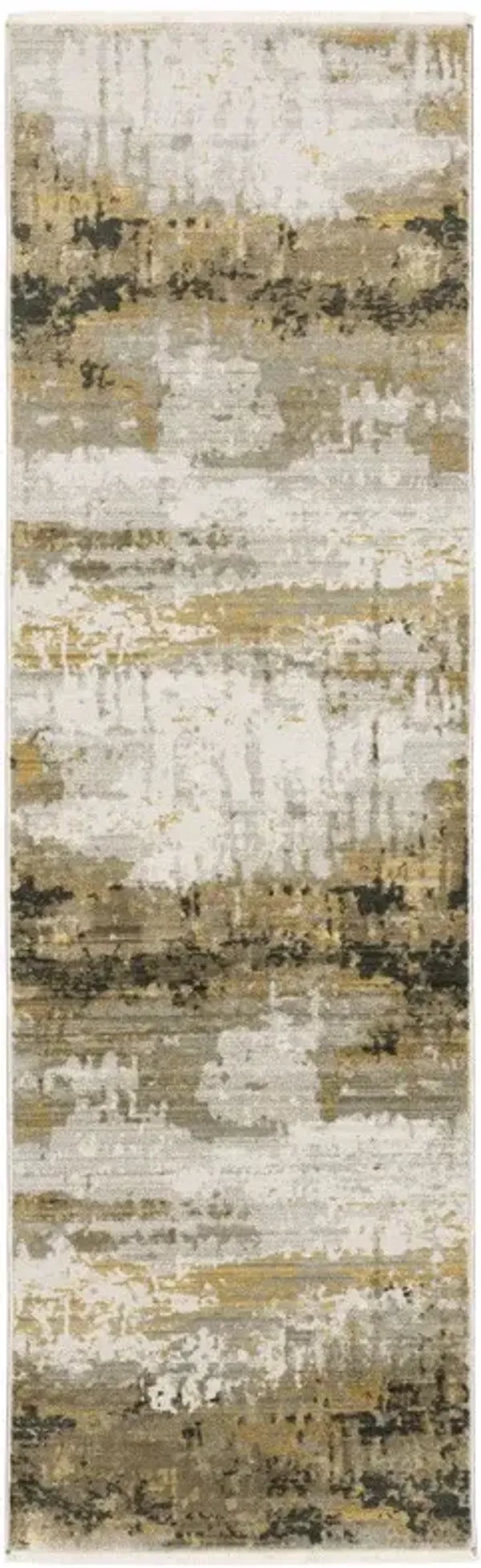 8' Abstract Power Loom Runner Rug With Fringe - Gray Gold Black Charcoal And Beige