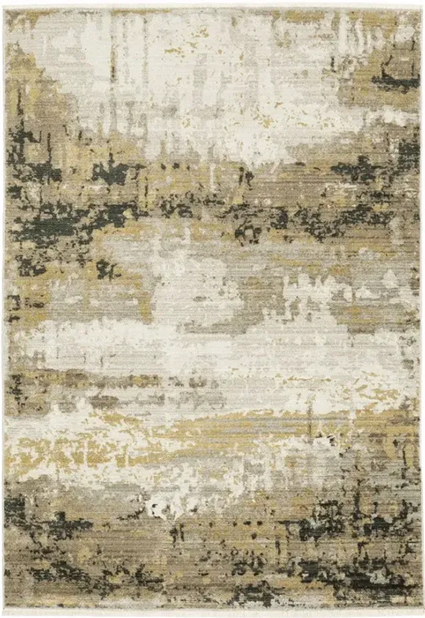 10' x 13' Abstract Power Loom Stain Resistant Area Rug With Fringe - Gray Gold Black Charcoal And Beige