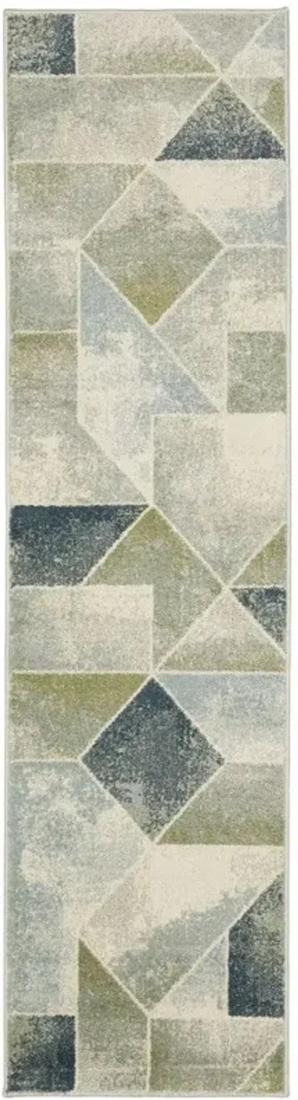 2' x 8' Geometric Power Loom Stain Resistant Runner Rug - Blue Green Gray Gold And Ivory