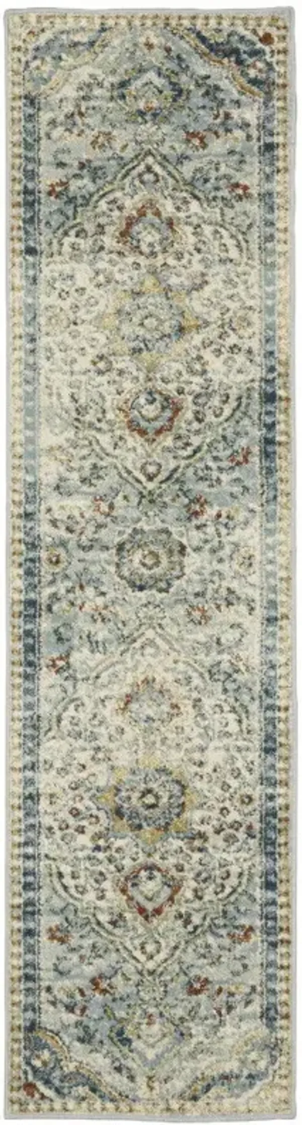 2' x 8' Oriental Power Loom Stain Resistant Runner Rug - Blue Beige Rust Gold And Teal