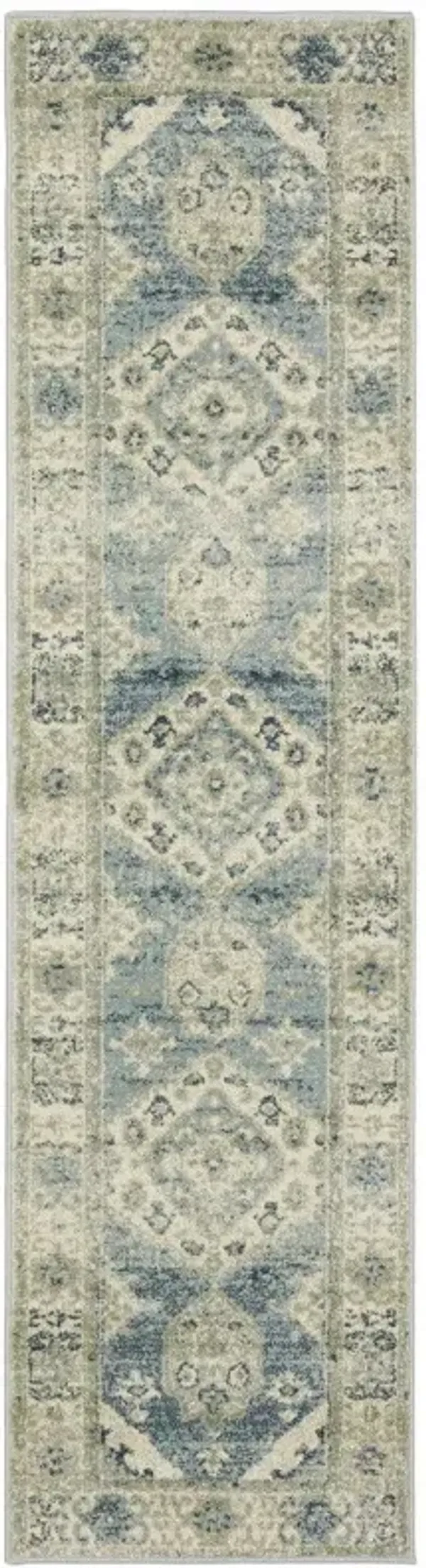 2' x 8' Oriental Power Loom Stain Resistant Runner Rug - Blue Gray Beige And Teal